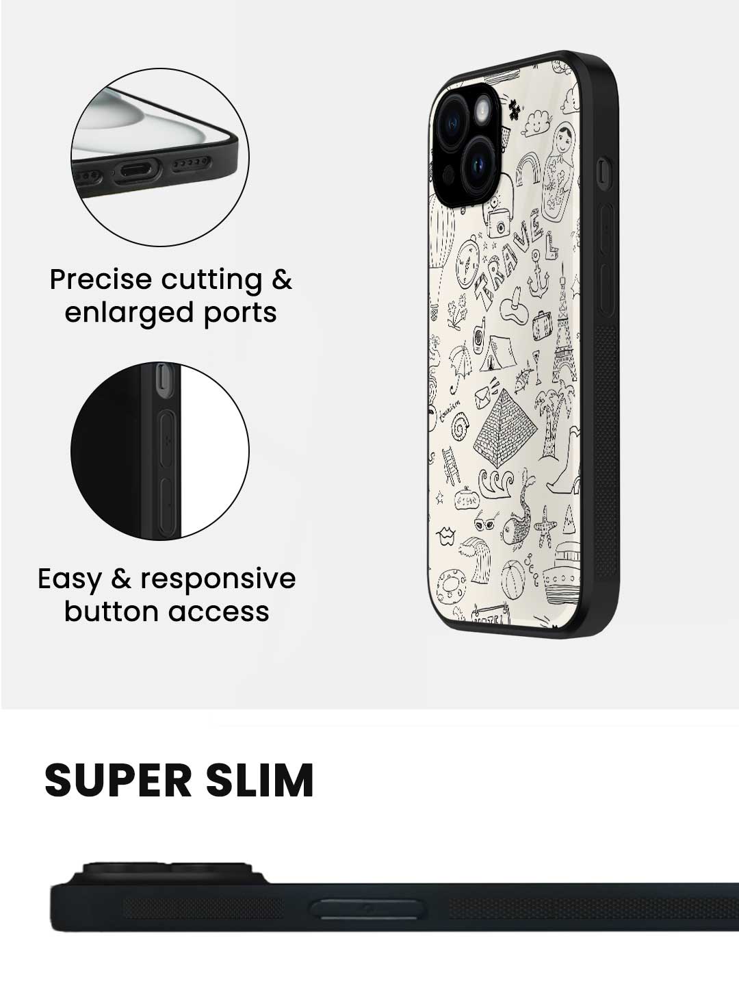 Travel Doodle White - iPhone 15 Glass Cover