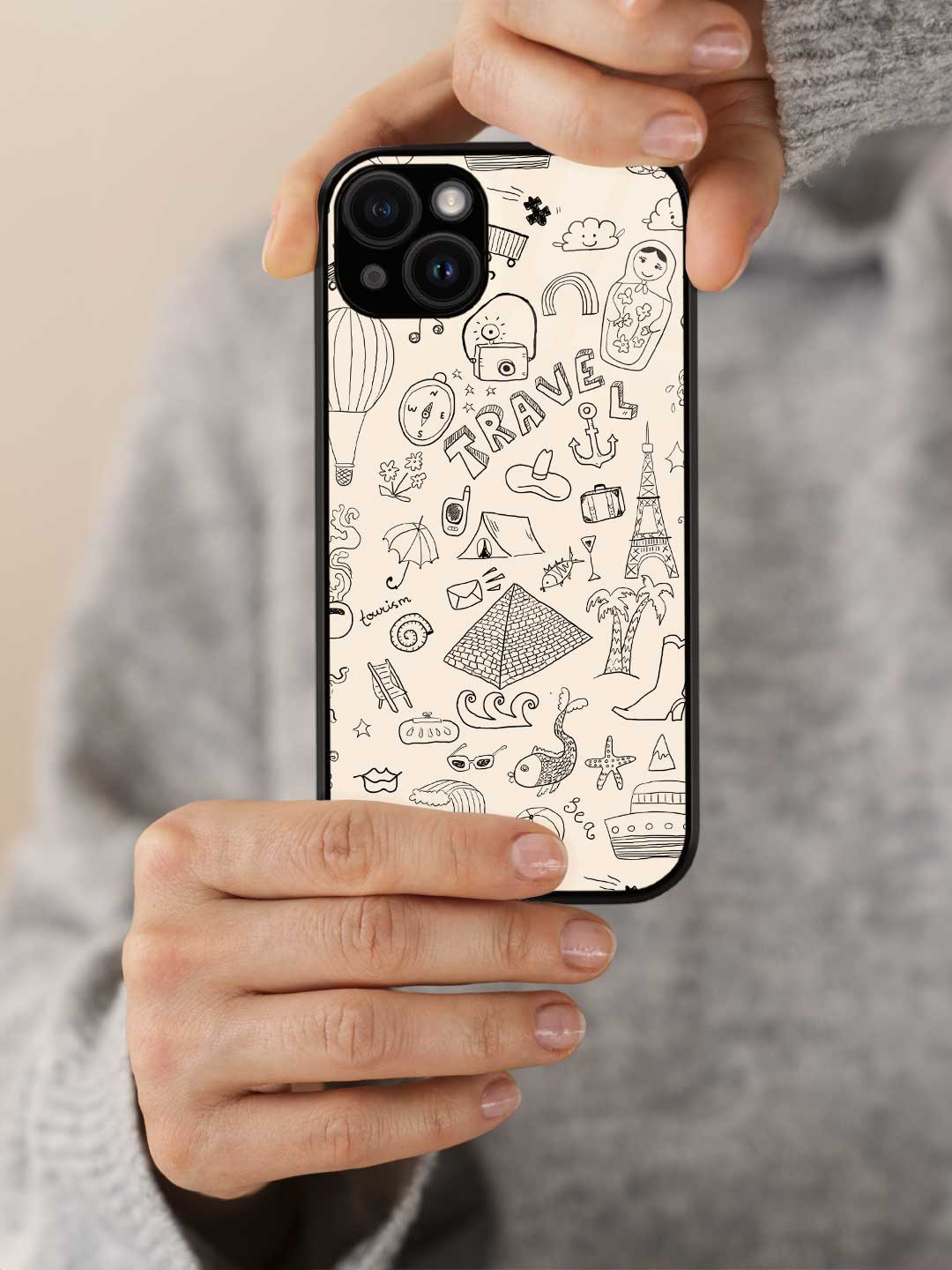 Travel Doodle White - iPhone 15 Glass Cover