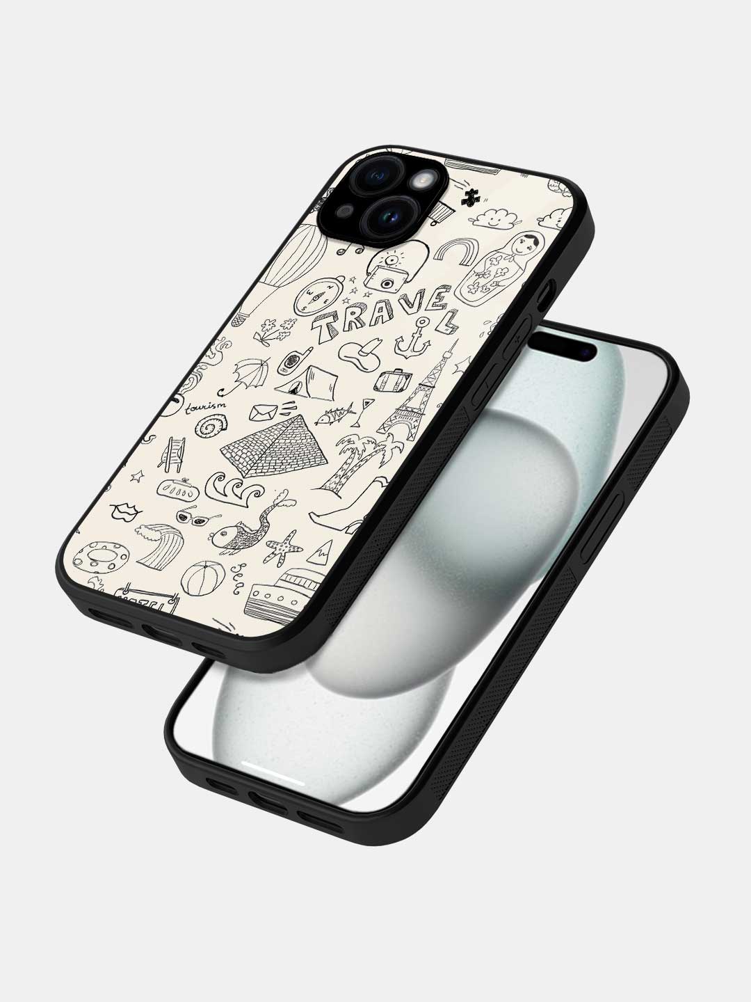 Travel Doodle White - iPhone 15 Glass Cover