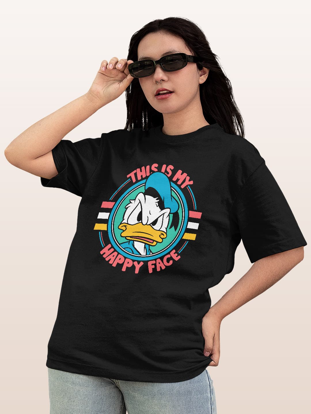 Donalds Happy Face - Womens Oversized T-Shirt Black Large