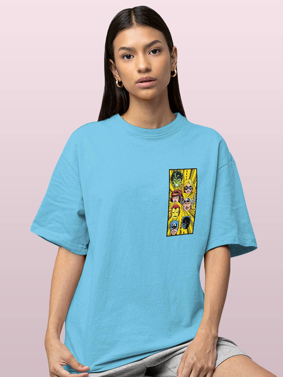 Comic Superheroes Mashup - Womens Oversized T-Shirt Sky Blue Small