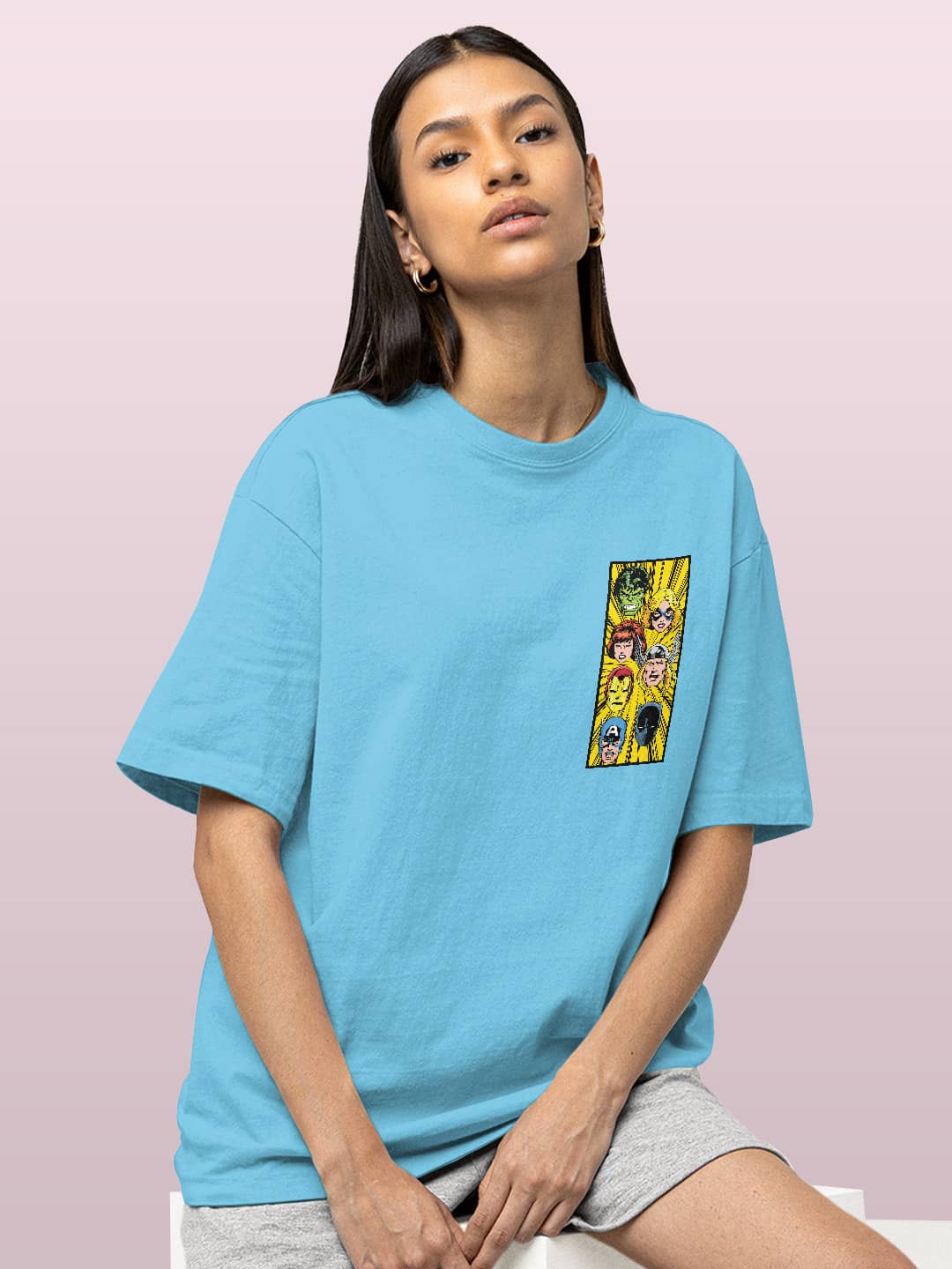 Comic Superheroes Mashup - Womens Oversized T-Shirt Sky Blue Small