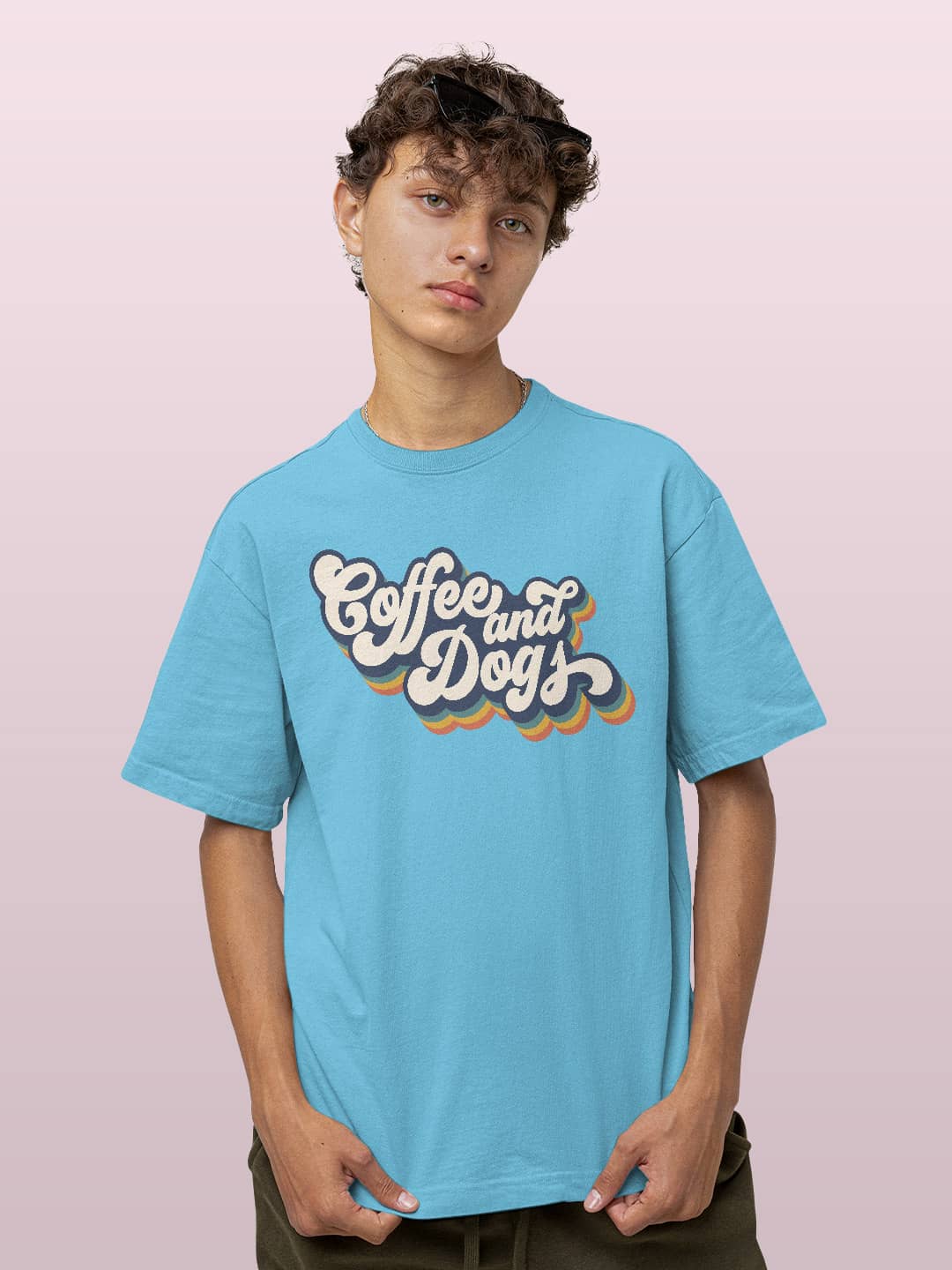 Coffee and Dogs - Mens Oversized T-Shirt Sky Blue Small