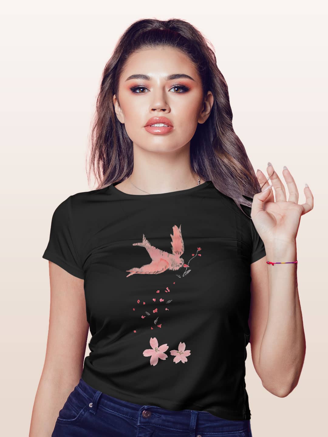 Cream and Pink Bird - Womens T-Shirt - Regular Fit - Black - XL
