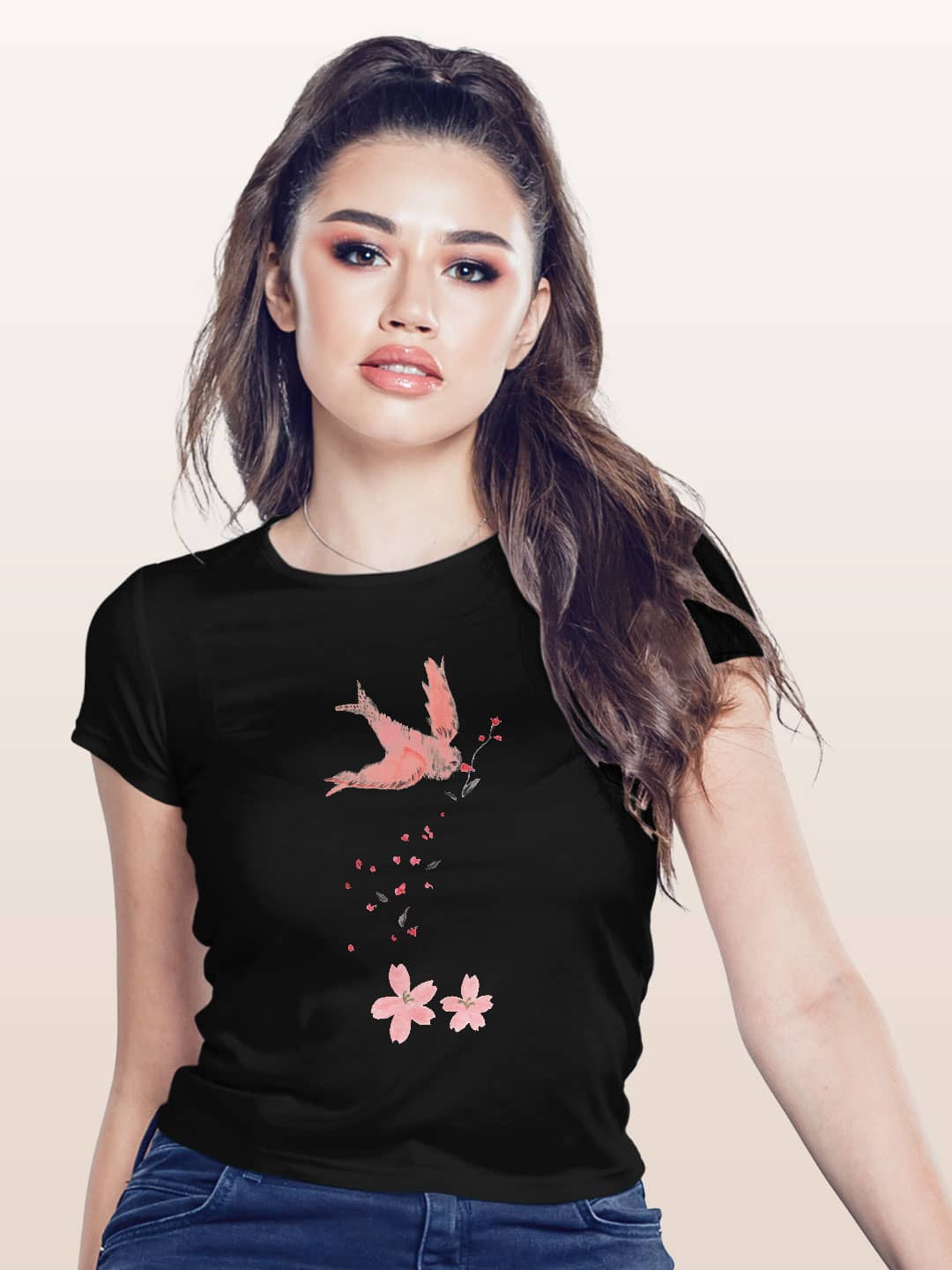 Cream and Pink Bird - Womens T-Shirt - Regular Fit - Black - XL