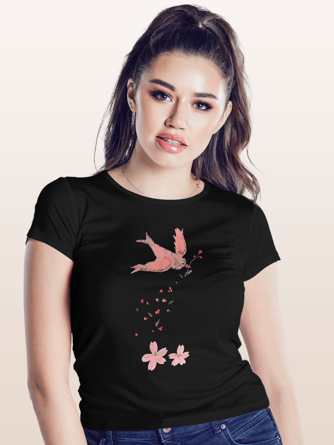 Cream and Pink Bird - Womens T-Shirt - Regular Fit - Black - XL