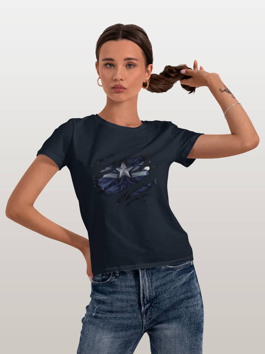 Ripped Captain America - Womens T-Shirt Navy Blue XXL