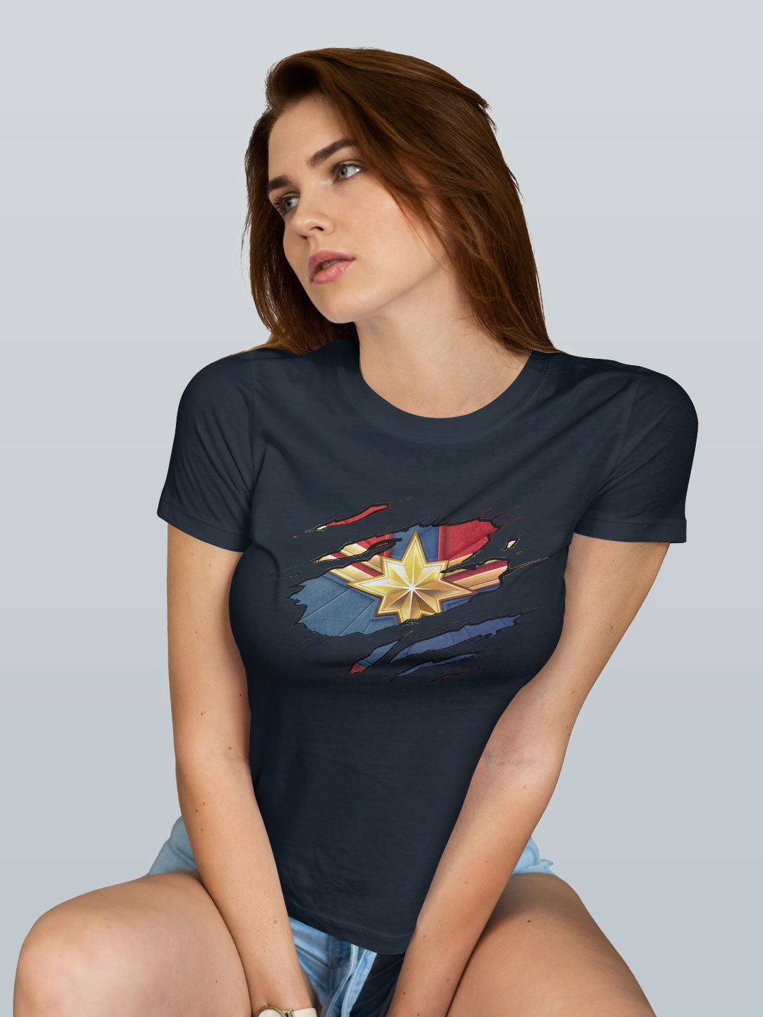 Ripped Captain Marvel - Womens T-Shirt - Regular Fit - Navy Blue - XXL