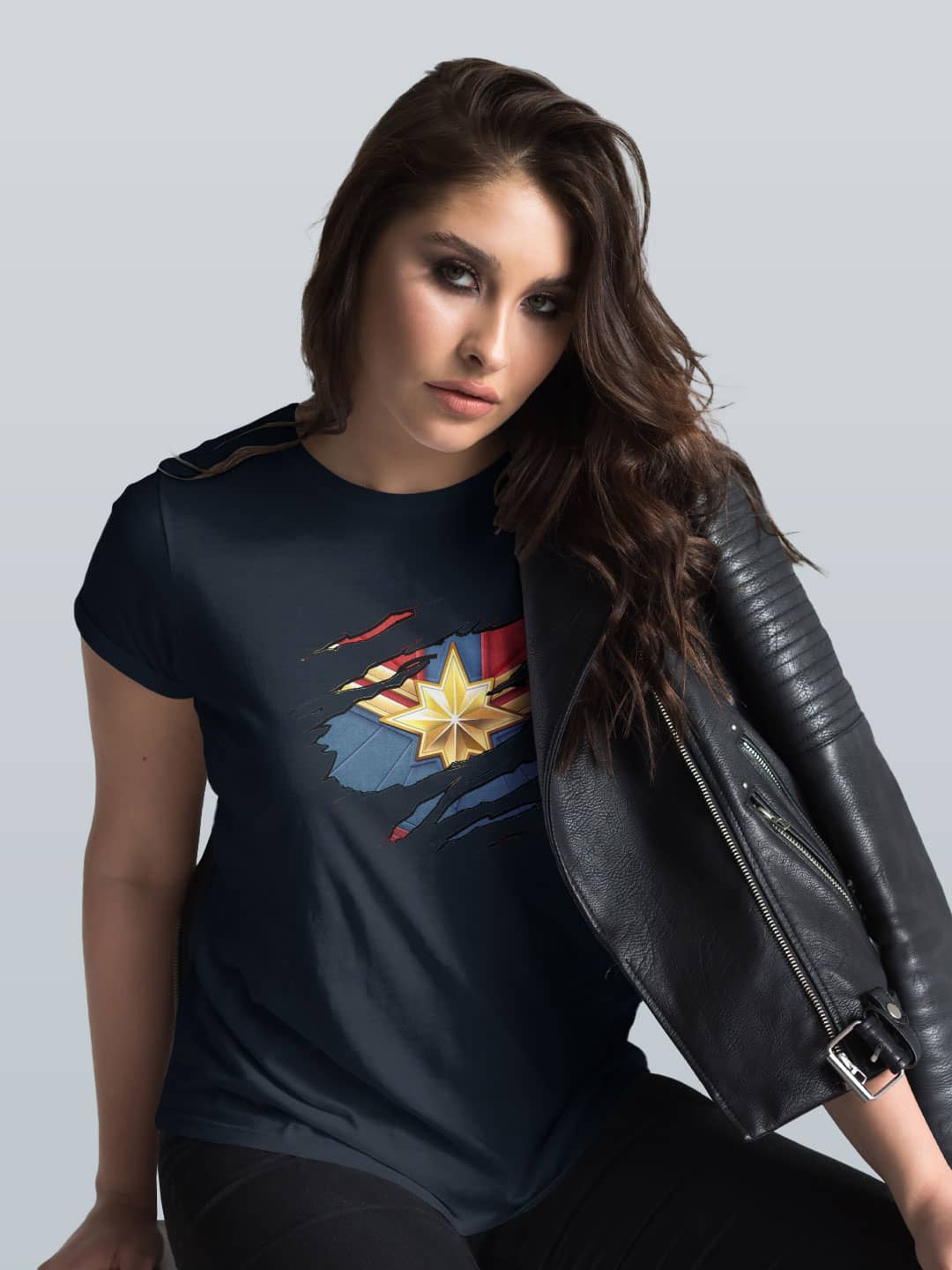 Ripped Captain Marvel - Womens T-Shirt - Regular Fit - Navy Blue - XXL