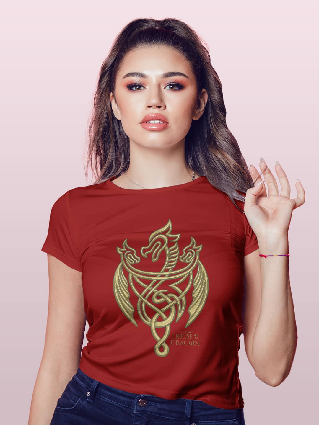 Golden Filigree Dragon Crest - Womens T-Shirt Red Small