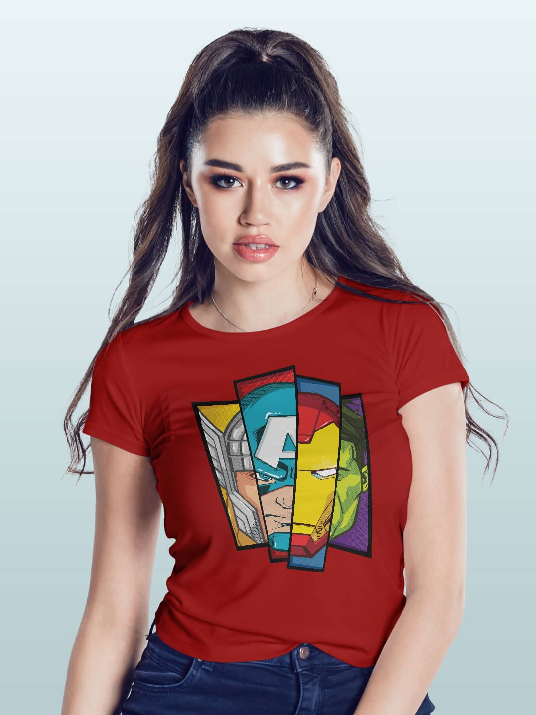 Avengers Faces - Womens T-Shirt Red Small