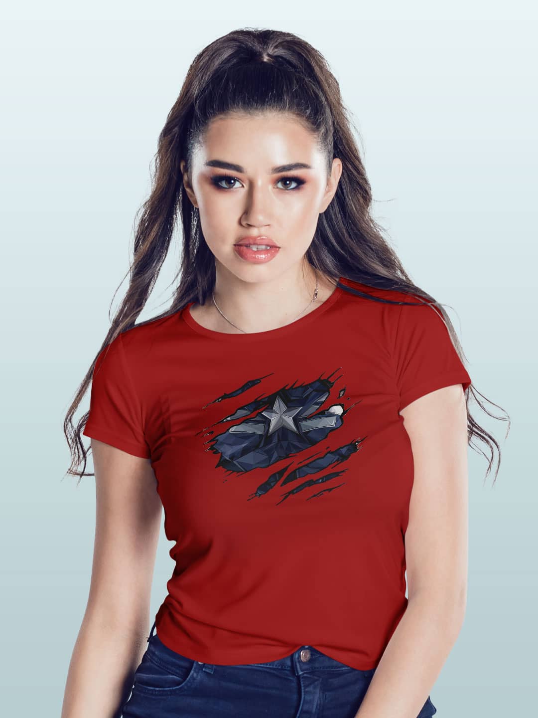Ripped Captain America - Womens T-Shirt Red Large