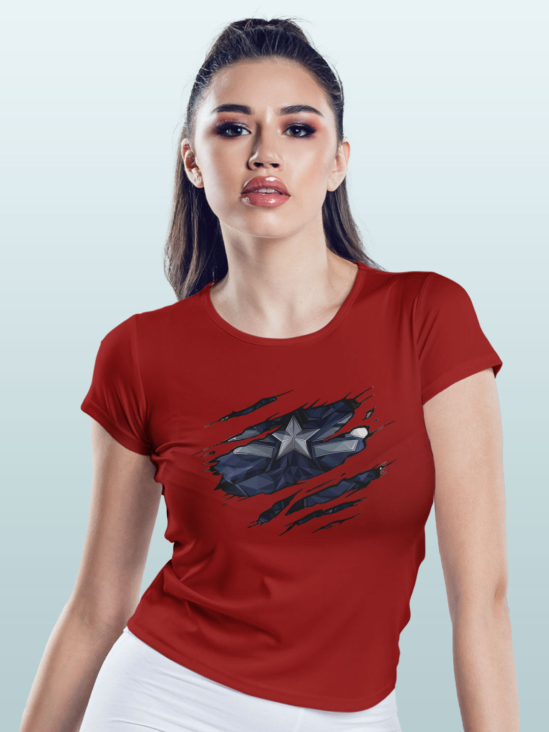 Ripped Captain America - Womens T-Shirt Red Large