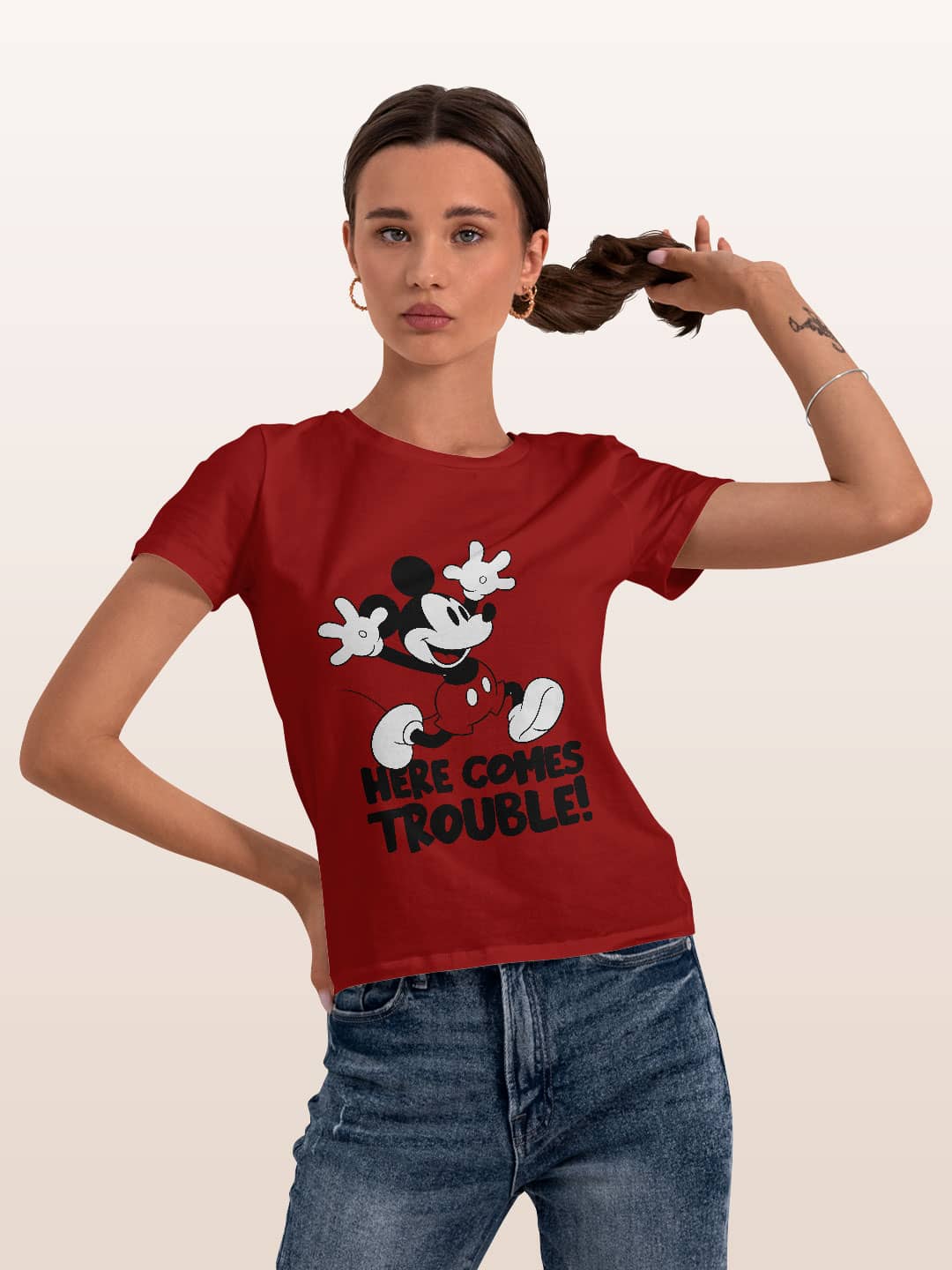 Mickey Brings Trouble - Womens T-Shirt Red Medium