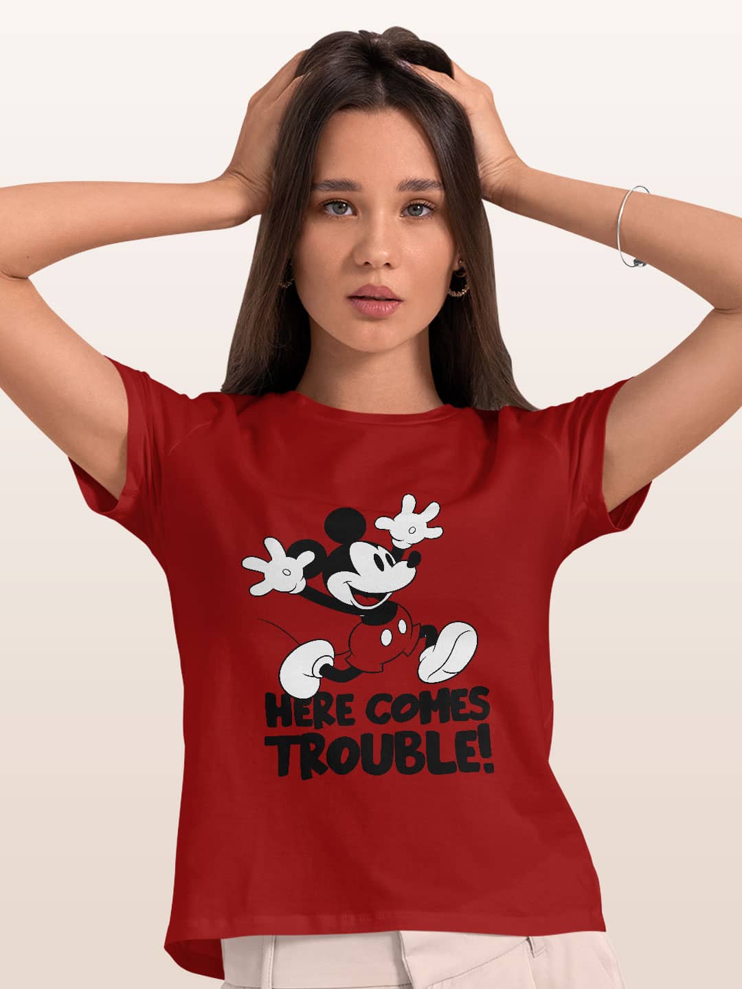 Mickey Brings Trouble - Womens T-Shirt Red Small
