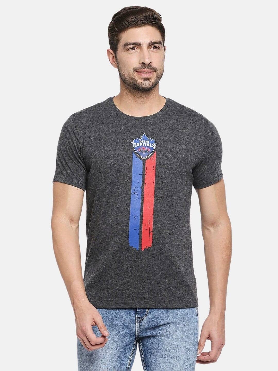 Delhi Capitals Logo Stripes - Mens T-Shirt Grey Melange XL