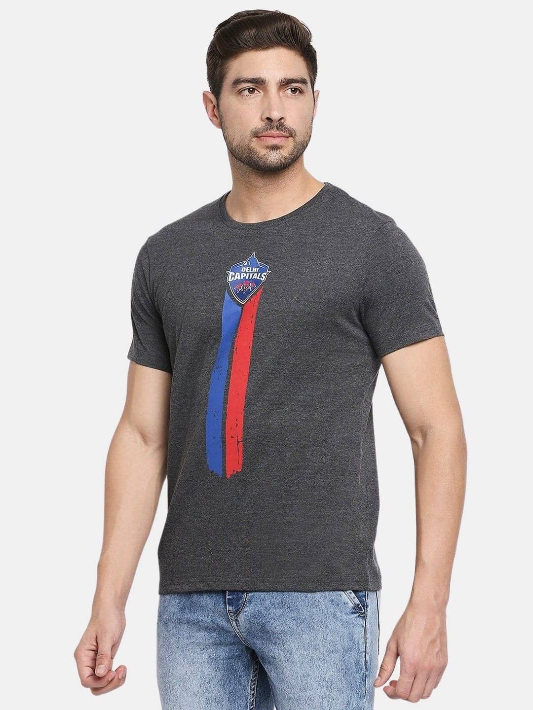 Delhi Capitals Logo Stripes - Mens T-Shirt Grey Melange Medium
