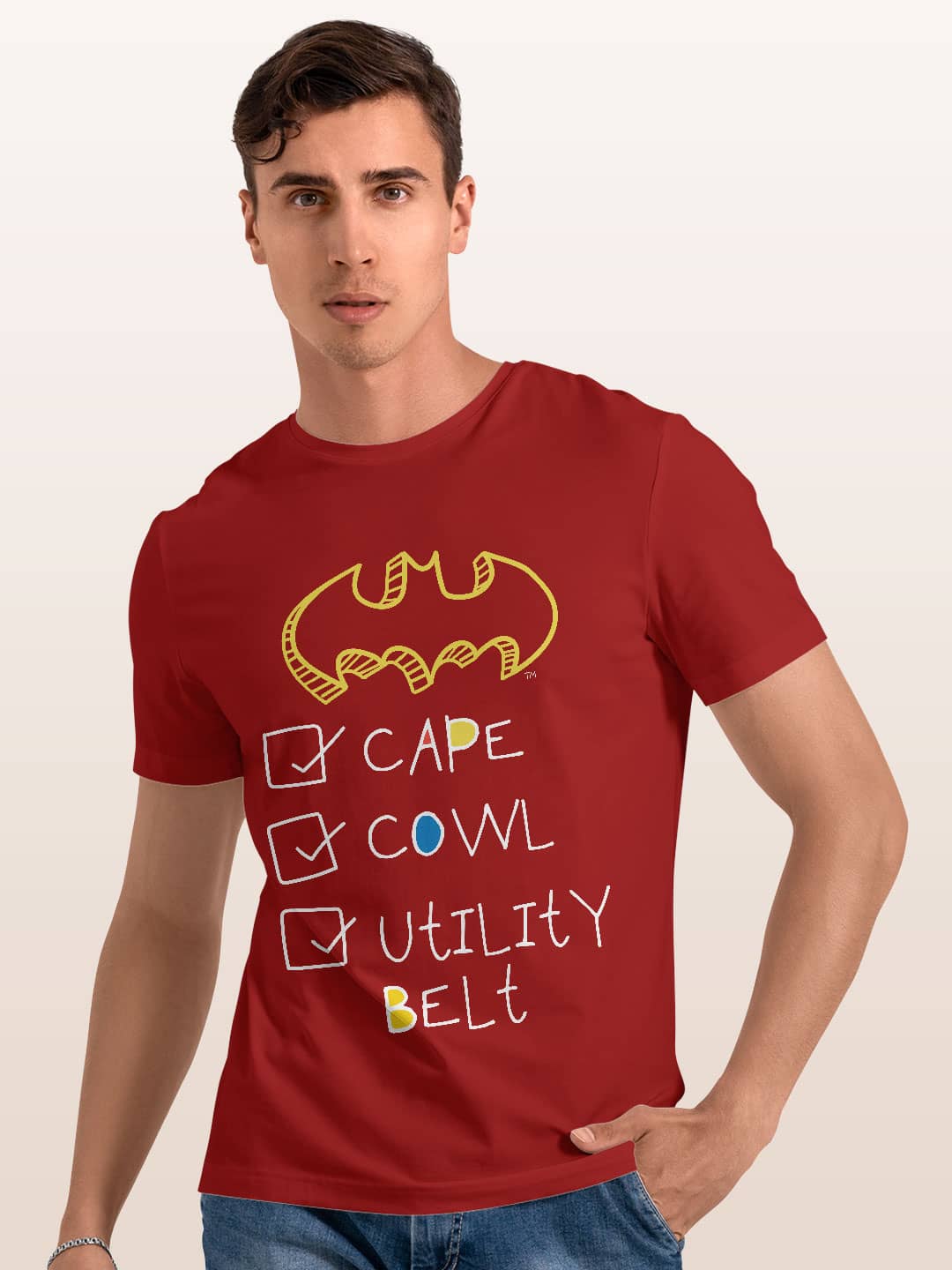 Batman Checklist - Mens T-Shirt Red Medium