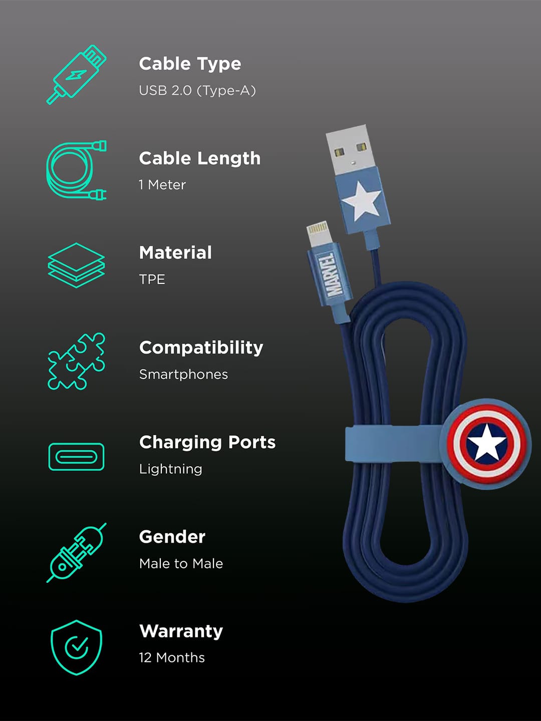 Classic Captains Shield - Lightning Cable Superhero Silicone Navy Blue