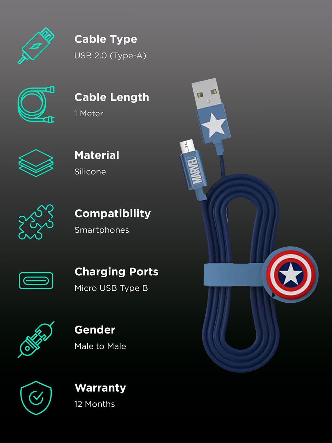 Classic Captains Shield - Micro USB Cable Superhero Silicone Navy Blue