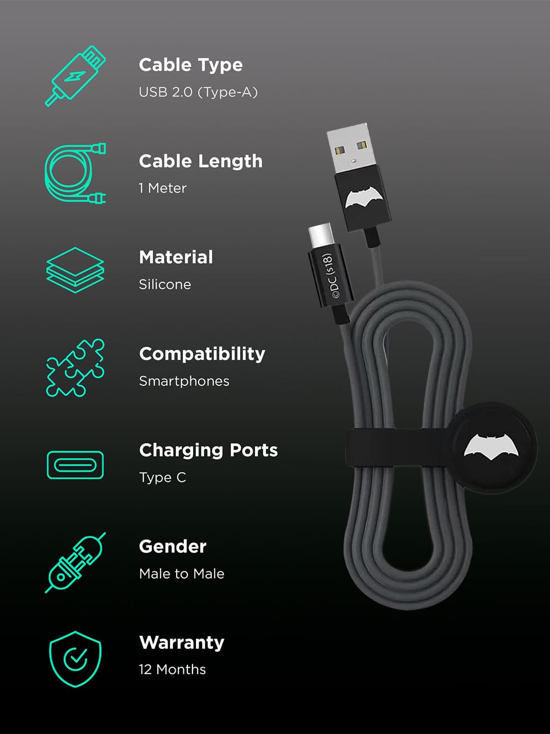 Logo Batman - Type C Cable Superhero Silicone Black