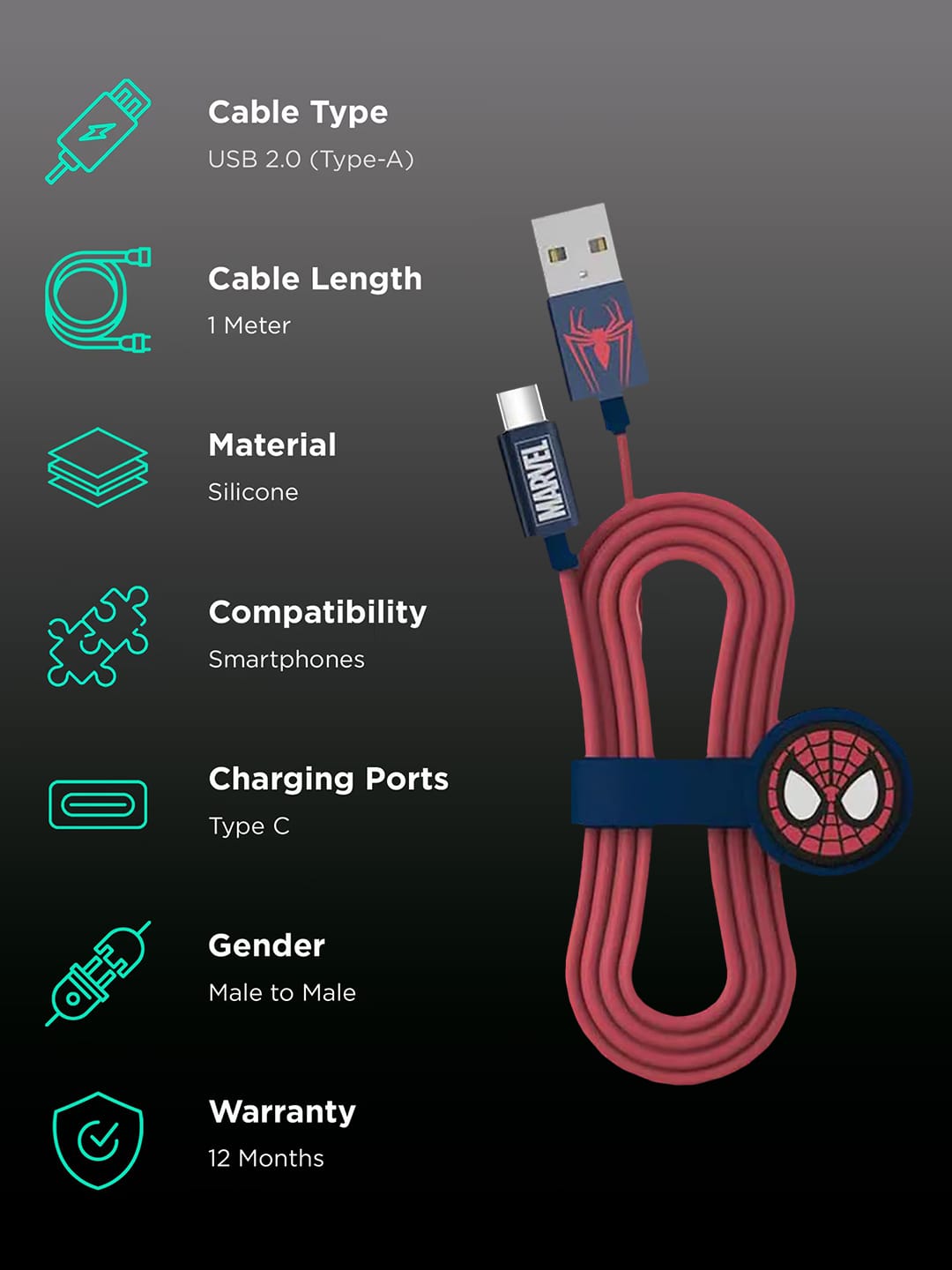 The Amazing Spider Man - Type C Cable Superhero Silicone Red