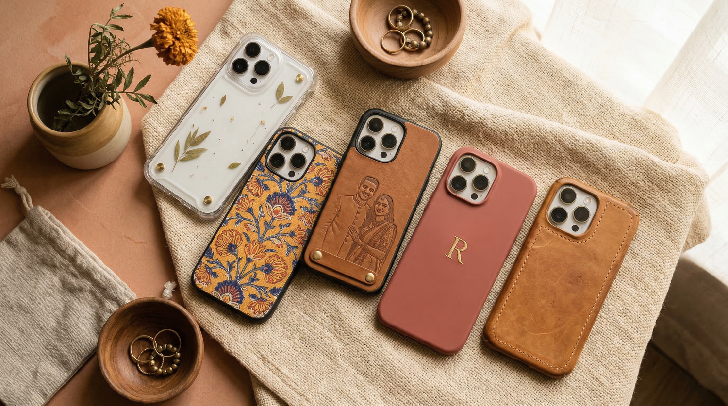 Flat lay of premium iPhone 16 Pro Max cases in different materials and styles on warm beige surface