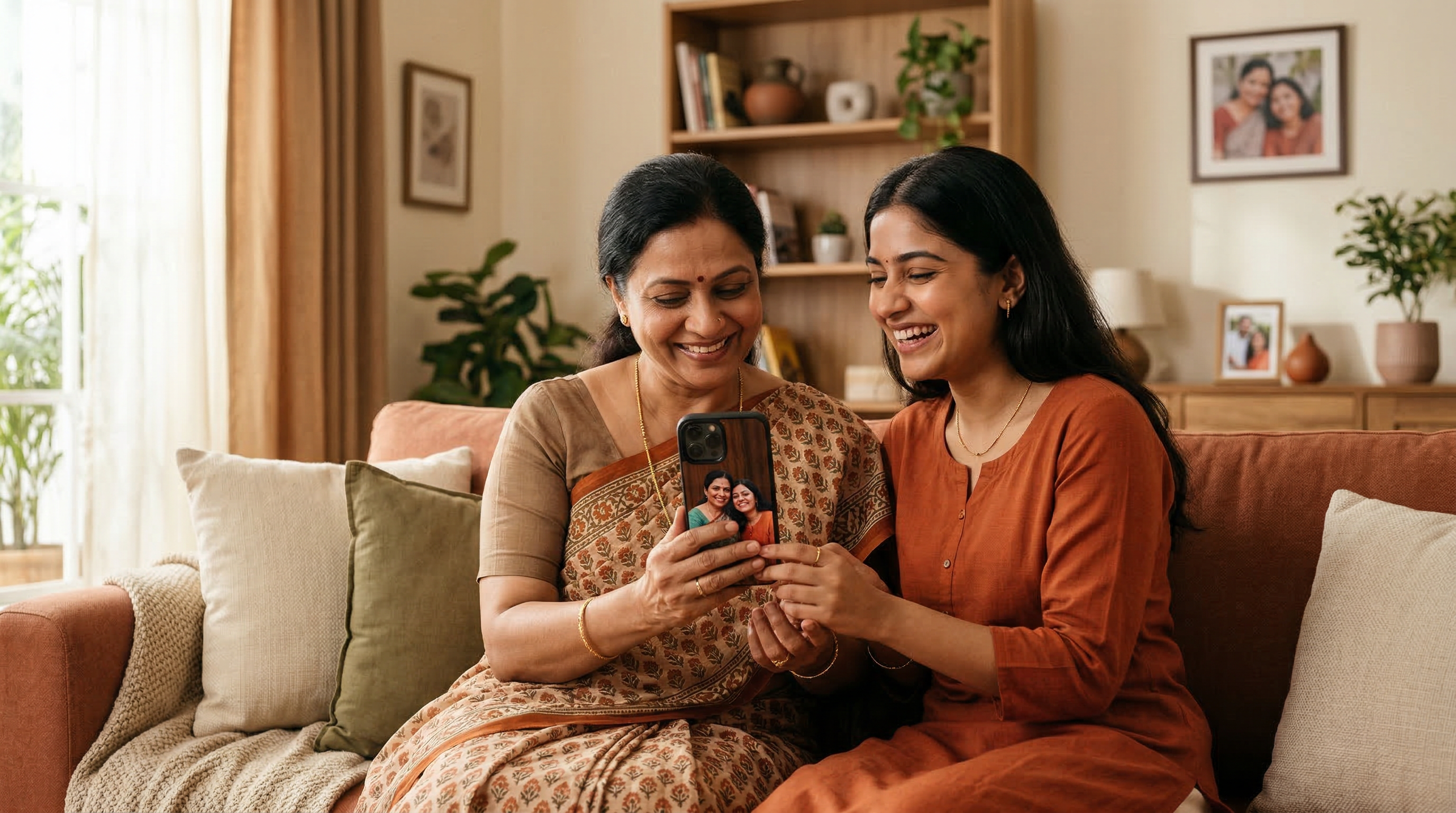 Personalized Mother's Day gifts India 2026 - mother receiving custom phone case gift from daughter