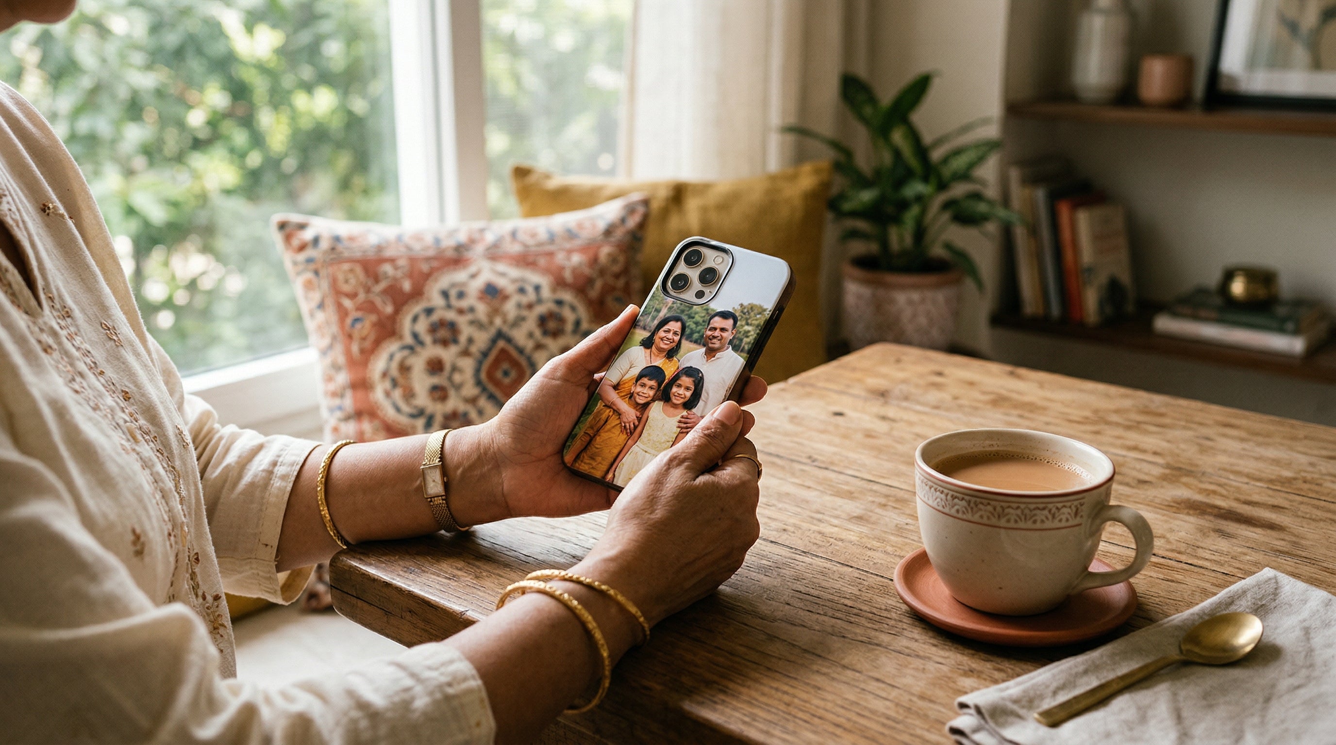 Personalized gifts for mom India - custom phone case with family photo on warm wooden table with chai