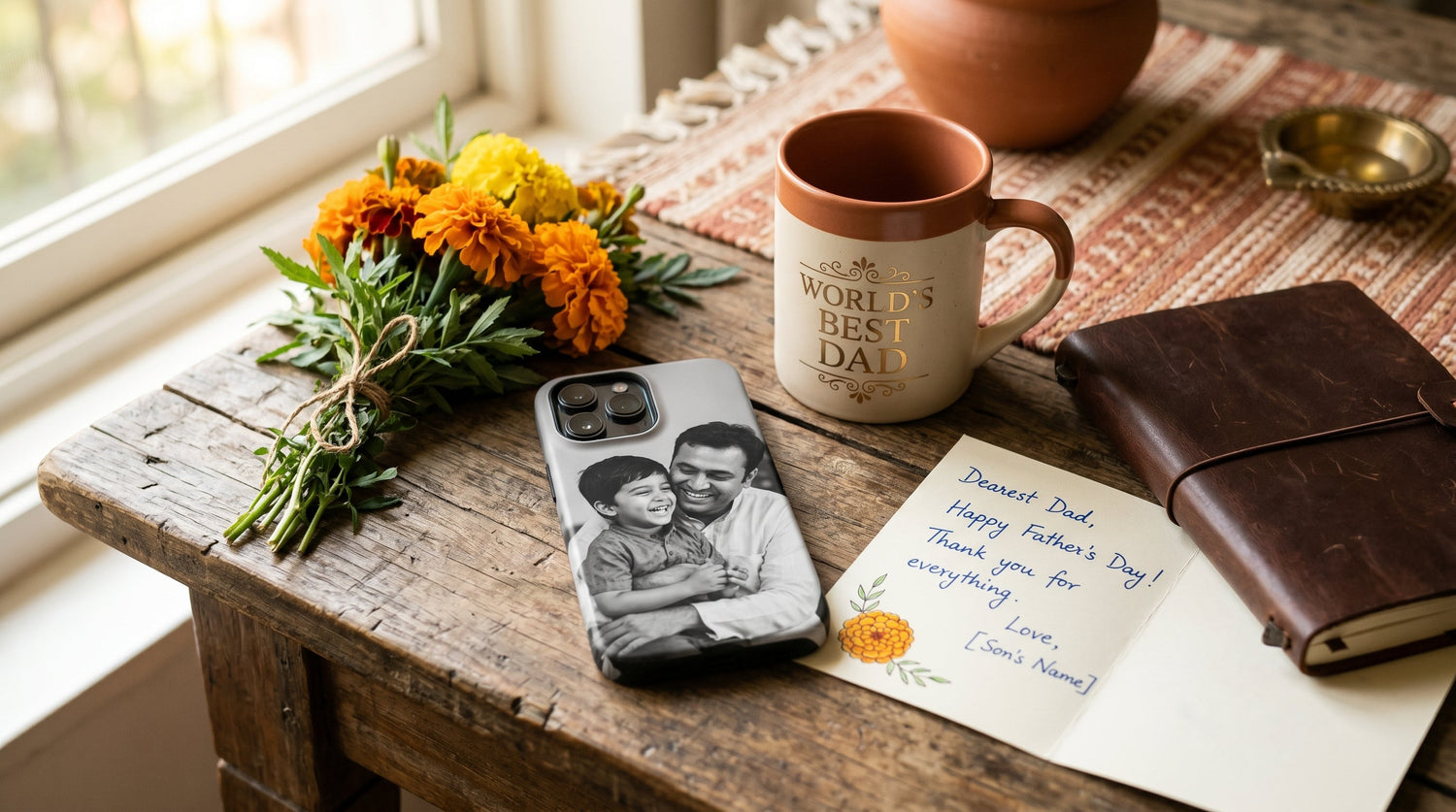 Fathers day gifts india: a personalized photo phone case and custom mug arranged with a card and marigolds on a warm wooden surface