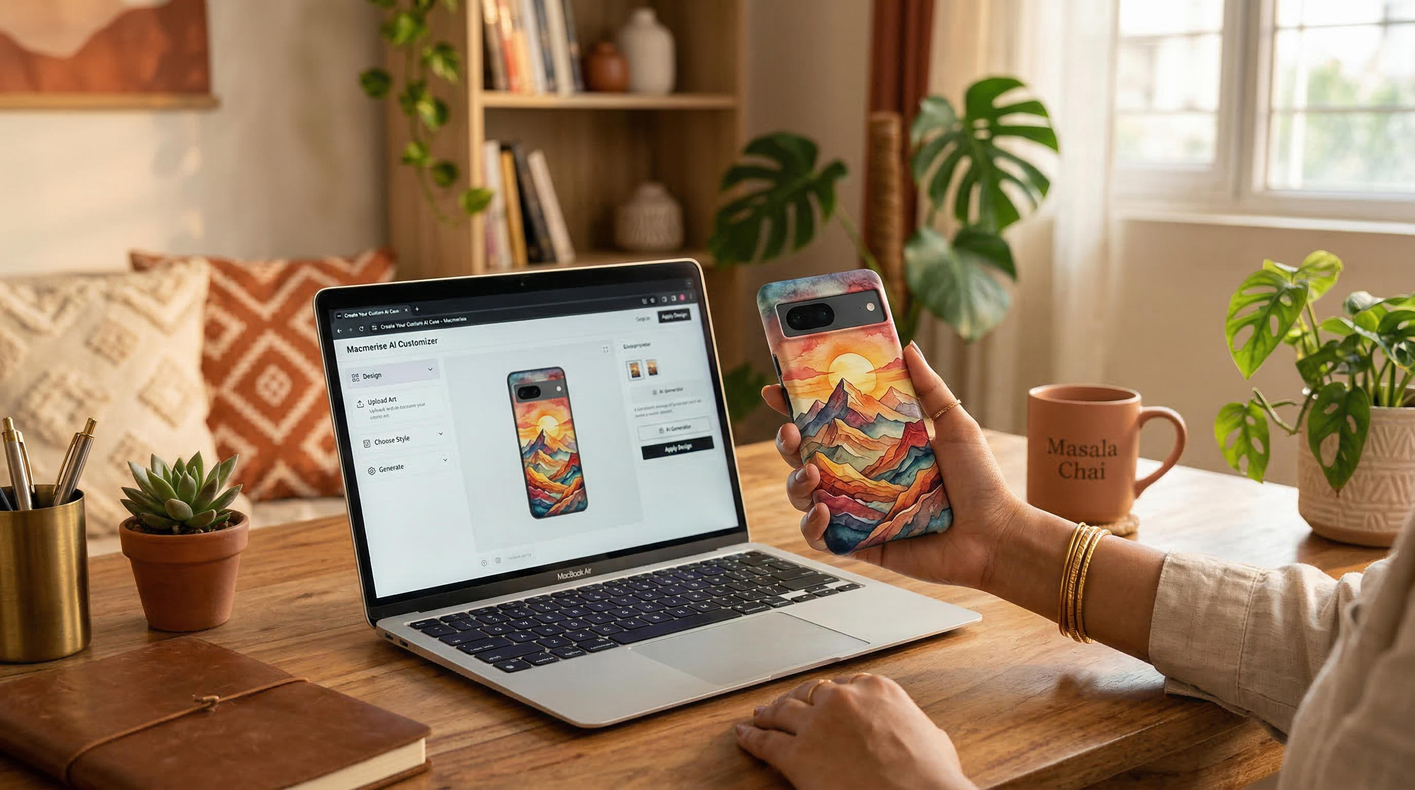 AI phone case design tool showing custom watercolor mountain sunset phone case created with Macmerise AI customizer