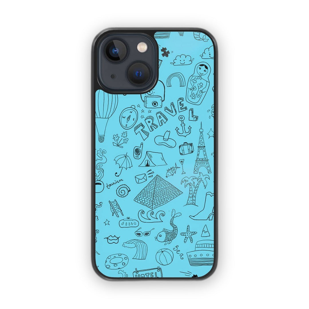 Travel Doodle iPhone 13 Mini Cover Blue - front view | Macmerise