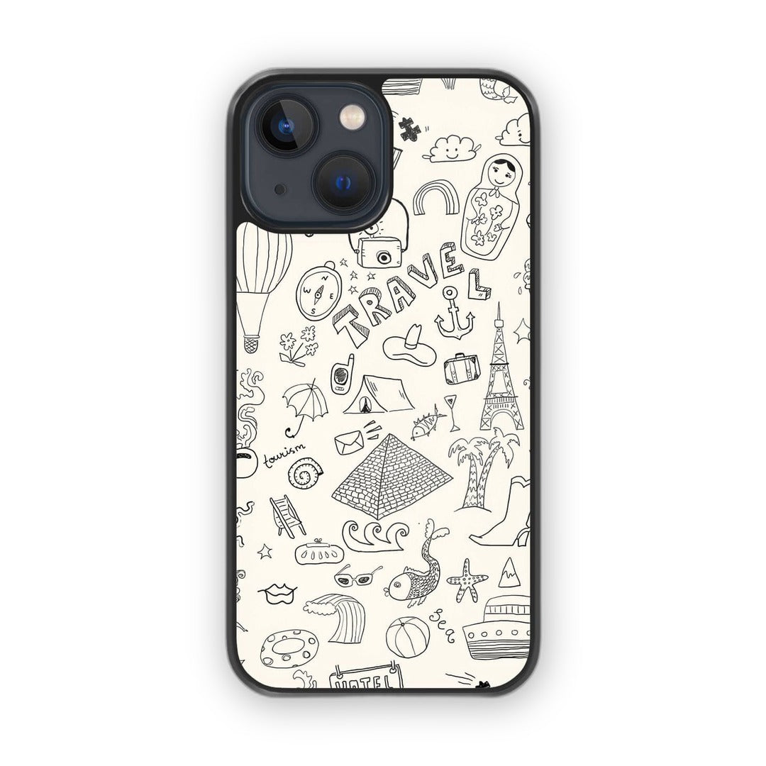 Travel Doodle White Glass iPhone Case for iPhone 13 Mini | Macmerise