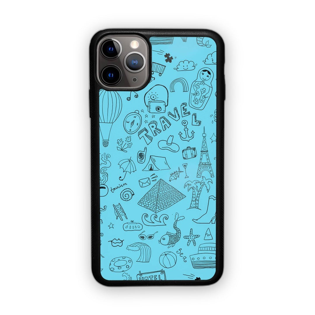 Travel Doodle Blue Glass iPhone Case for iPhone 11 Pro | Macmerise