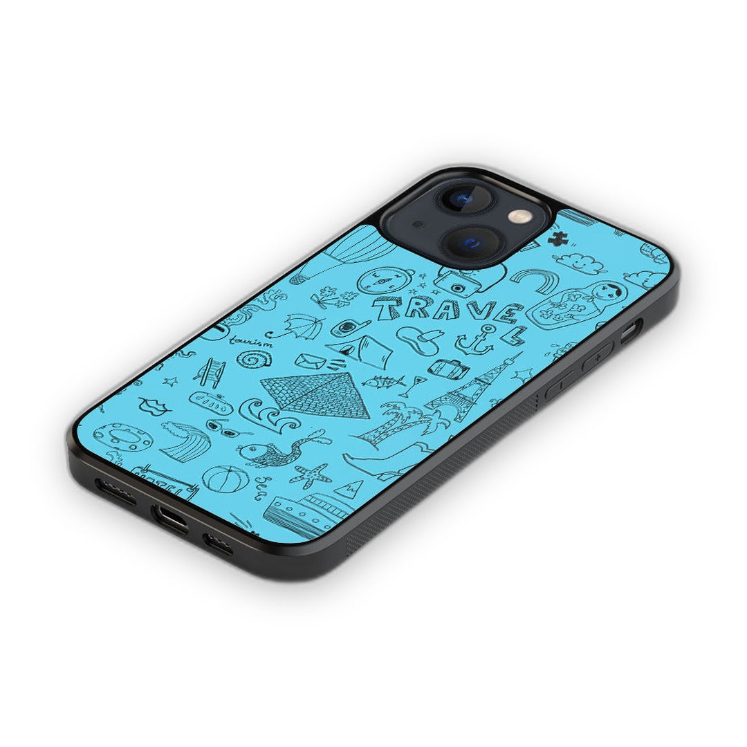 Travel Doodle Blue Glass iPhone Case for iPhone 13 | Macmerise