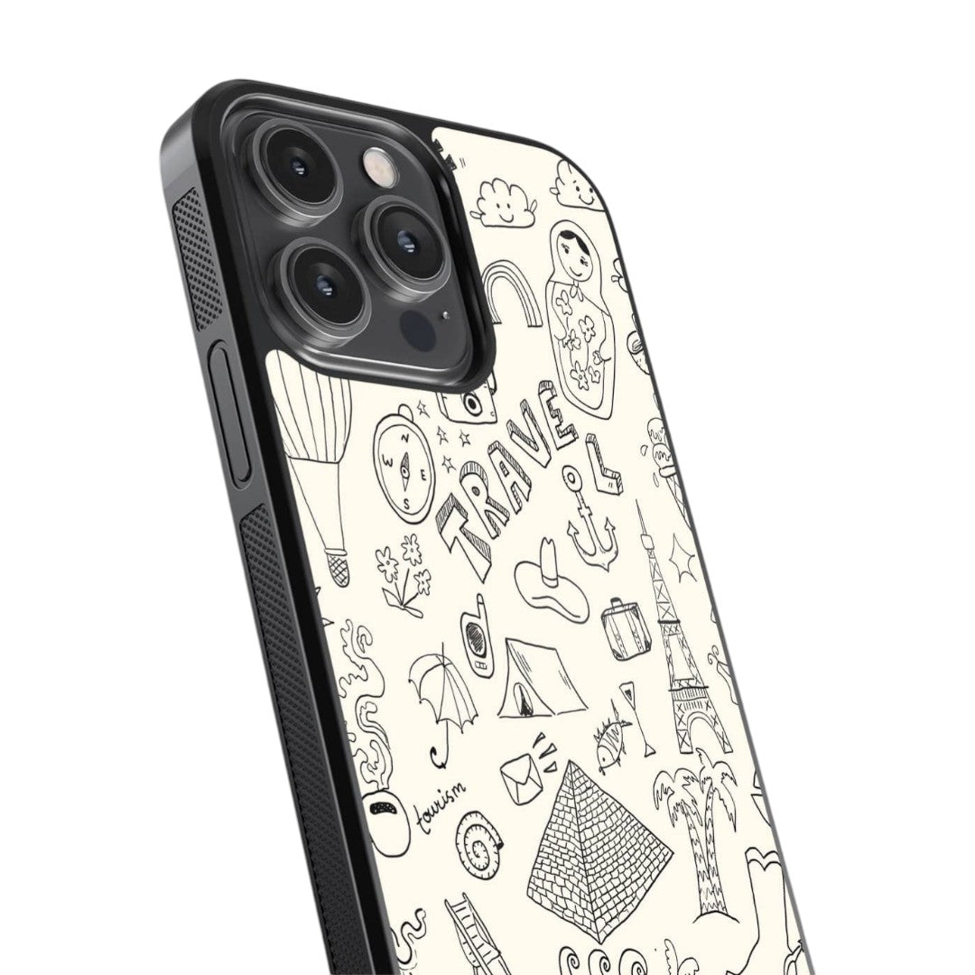 Travel Doodle White Glass iPhone Case for iPhone 14 Pro Max | Macmerise