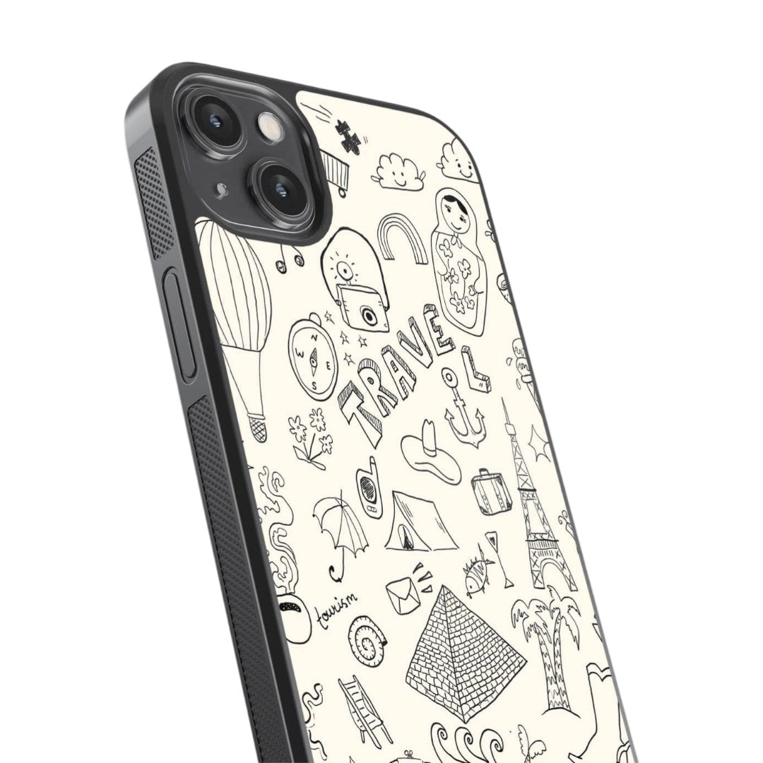 Travel Doodle White Glass iPhone Case for iPhone 14 Plus | Macmerise