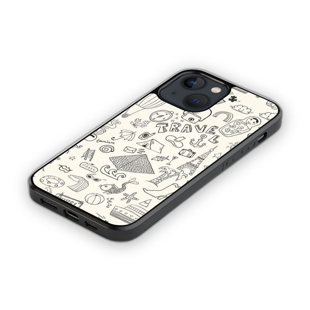 Travel Doodle White Glass iPhone Case for iPhone 13 Mini | Macmerise