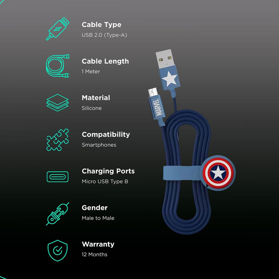Classic Captains Shield Micro Usb Cable Superhero Silicone Navy Blue | Macmerise