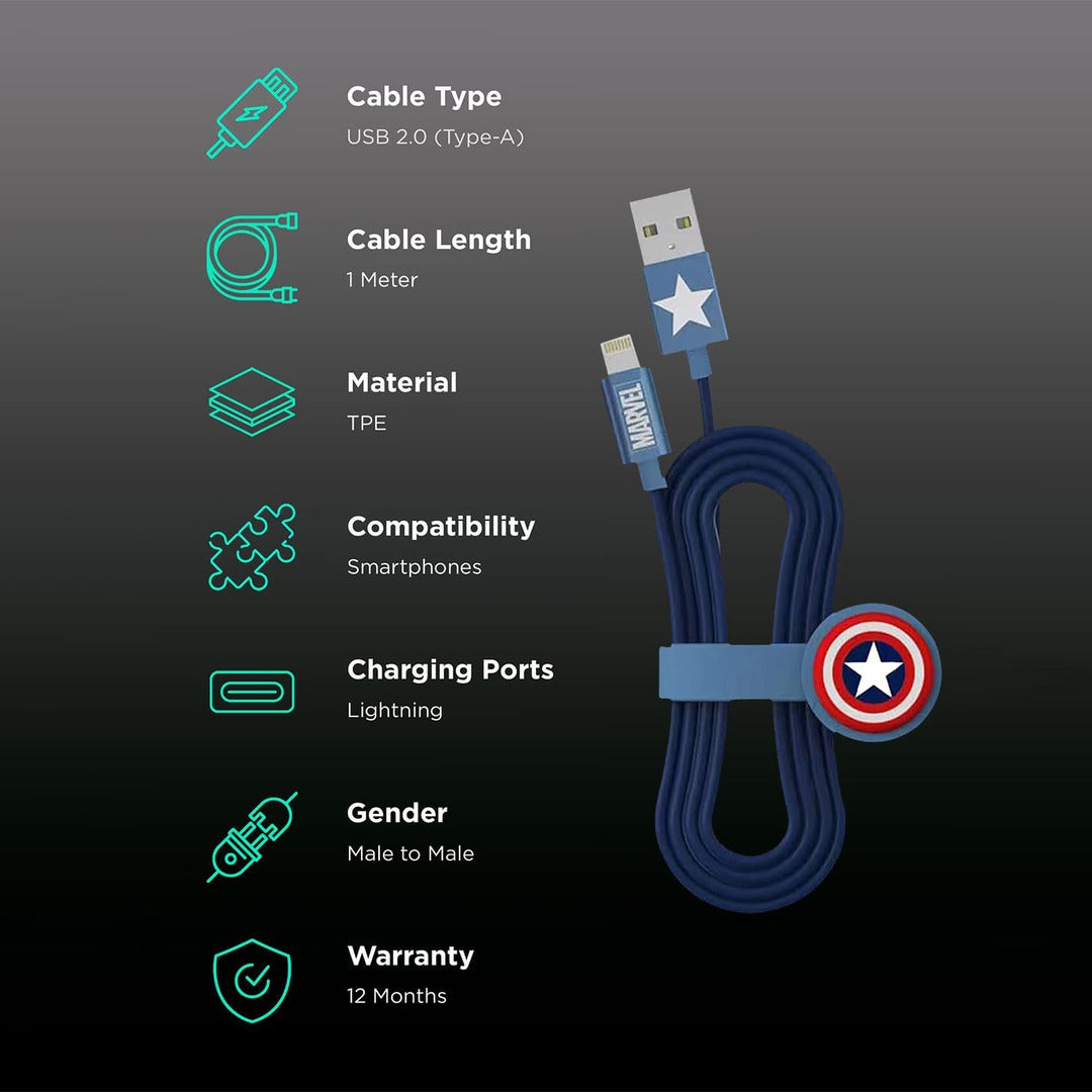 Classic Captains Shield Lightning Cable Superhero Silicone Navy Blue | Macmerise
