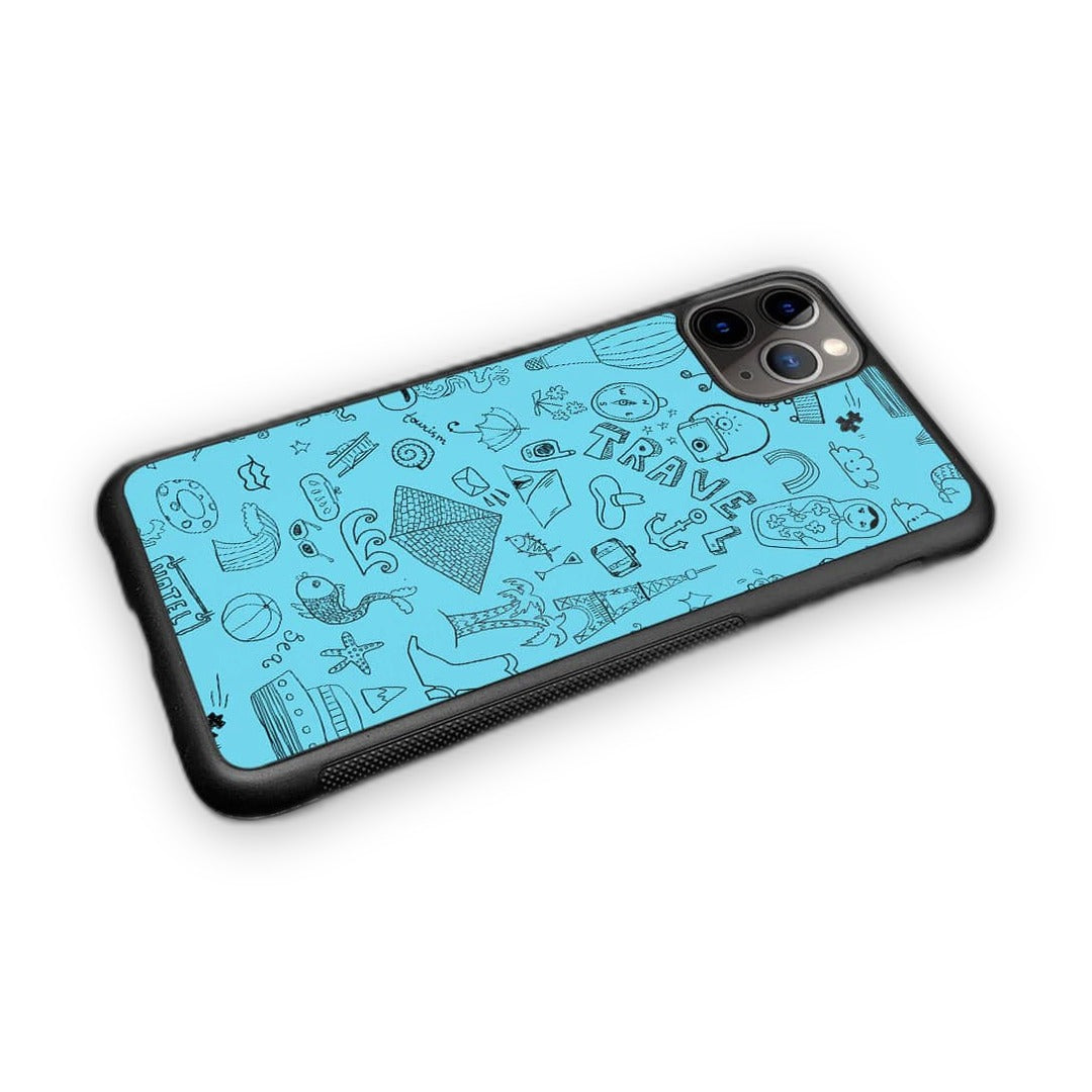 Travel Doodle Blue Glass iPhone Case for iPhone 11 Pro | Macmerise