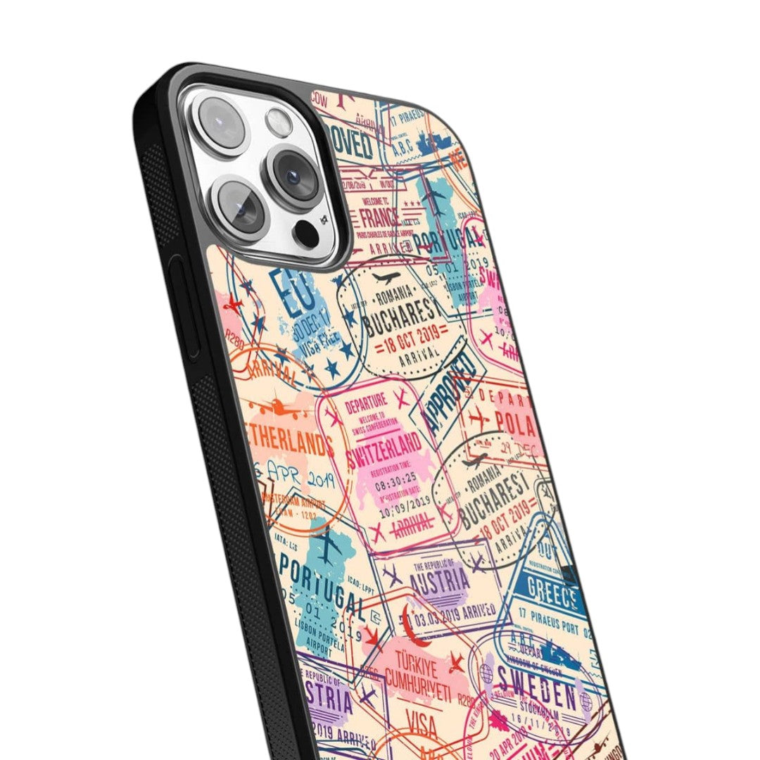 Immigration Stamps Beige Glass iPhone Case for iPhone 13 Pro Max | Macmerise