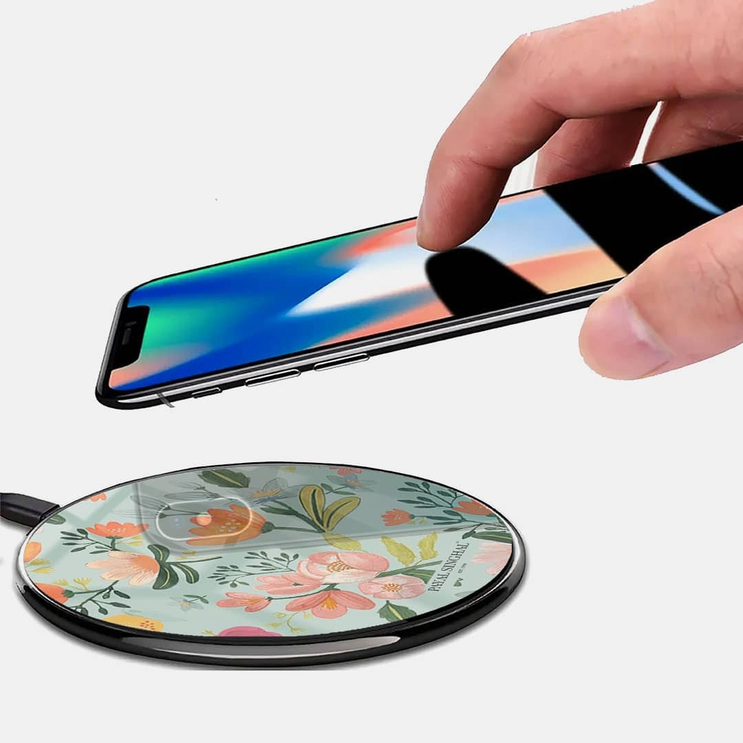 Payal Singhal Aqua Handpainted Flower Wireless Charger 15w Glass | Macmerise