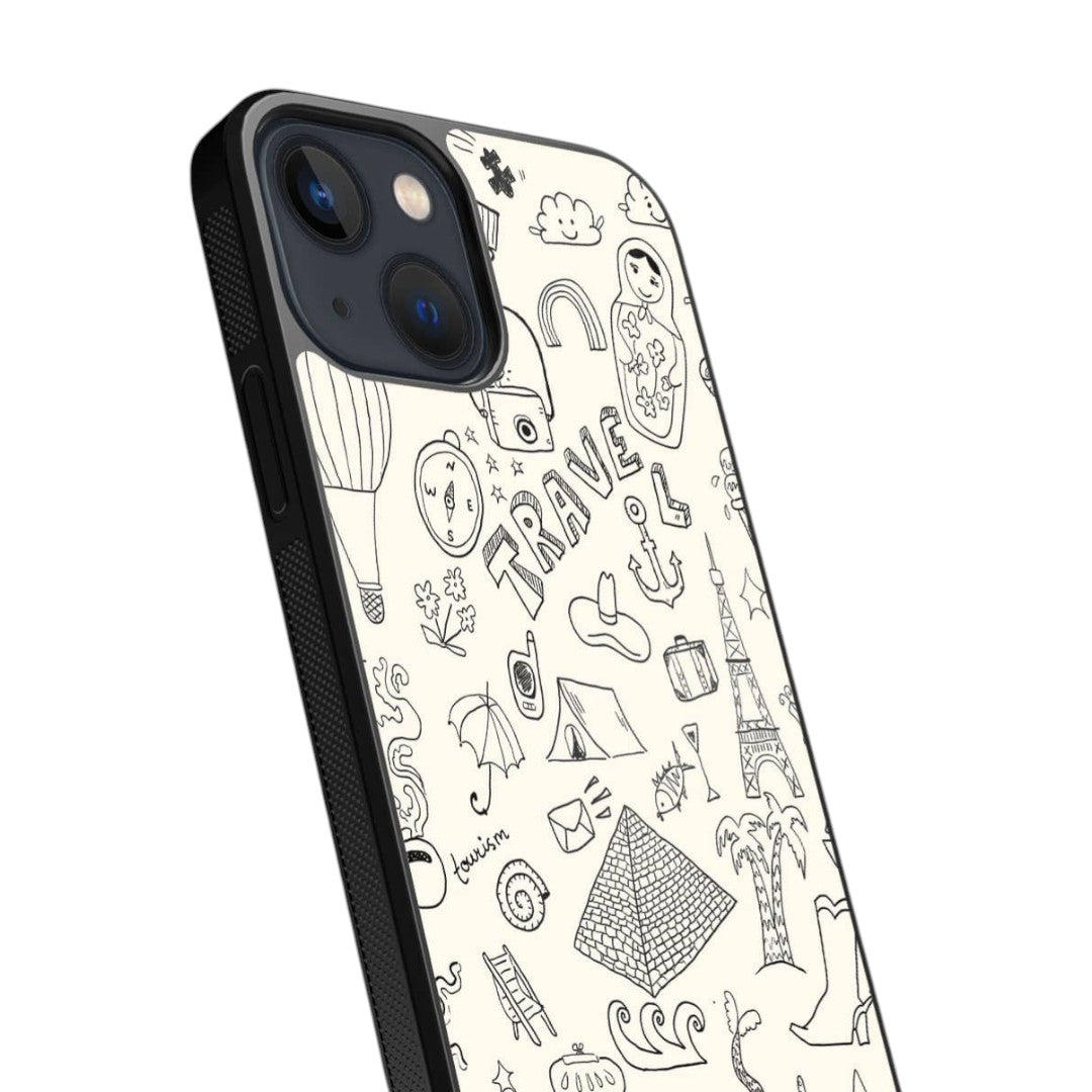 Travel Doodle White Glass iPhone Case for iPhone 13 Mini | Macmerise