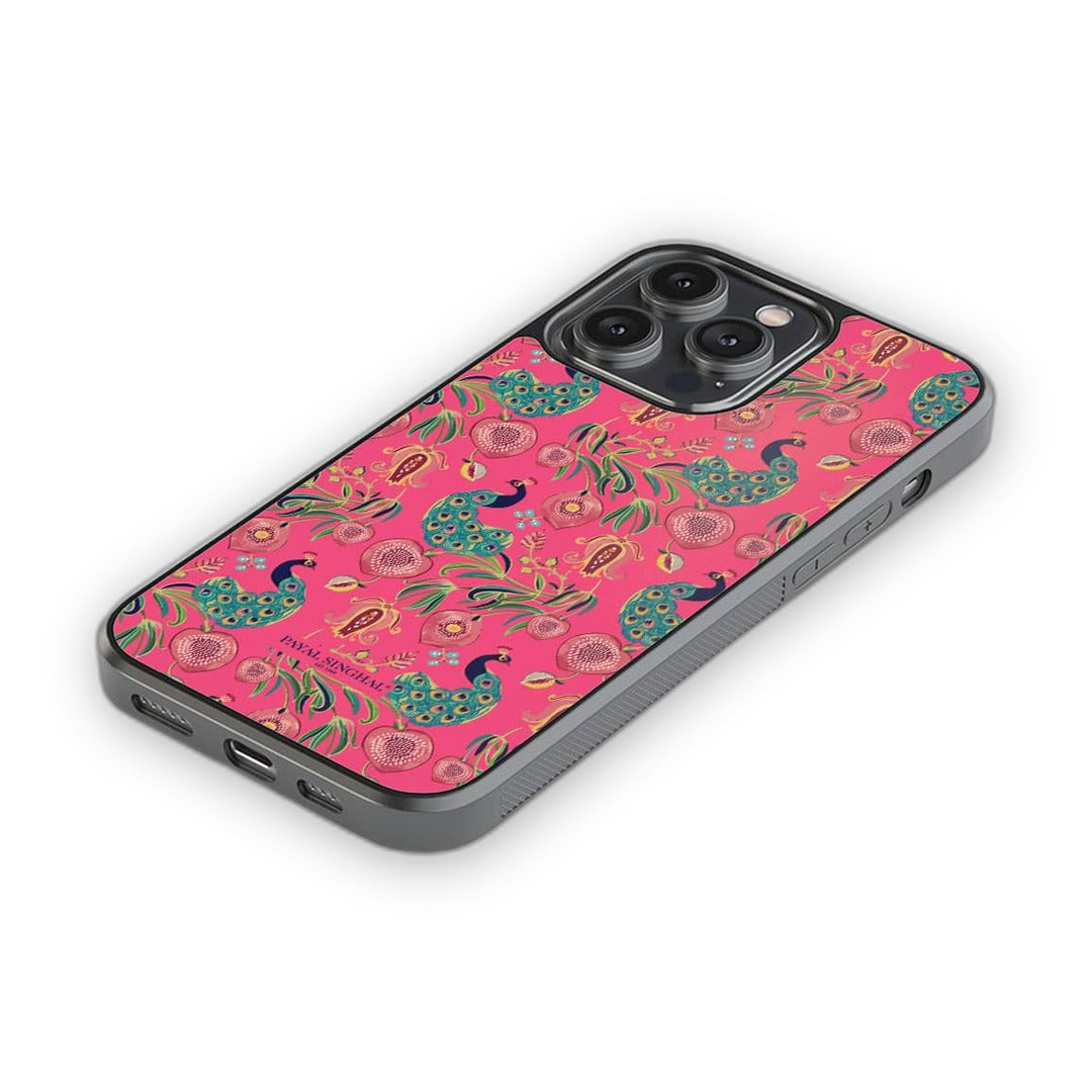Payal Singhal Anaar and Mor Pink Glass iPhone Case for iPhone 14 Pro Max | Macmerise