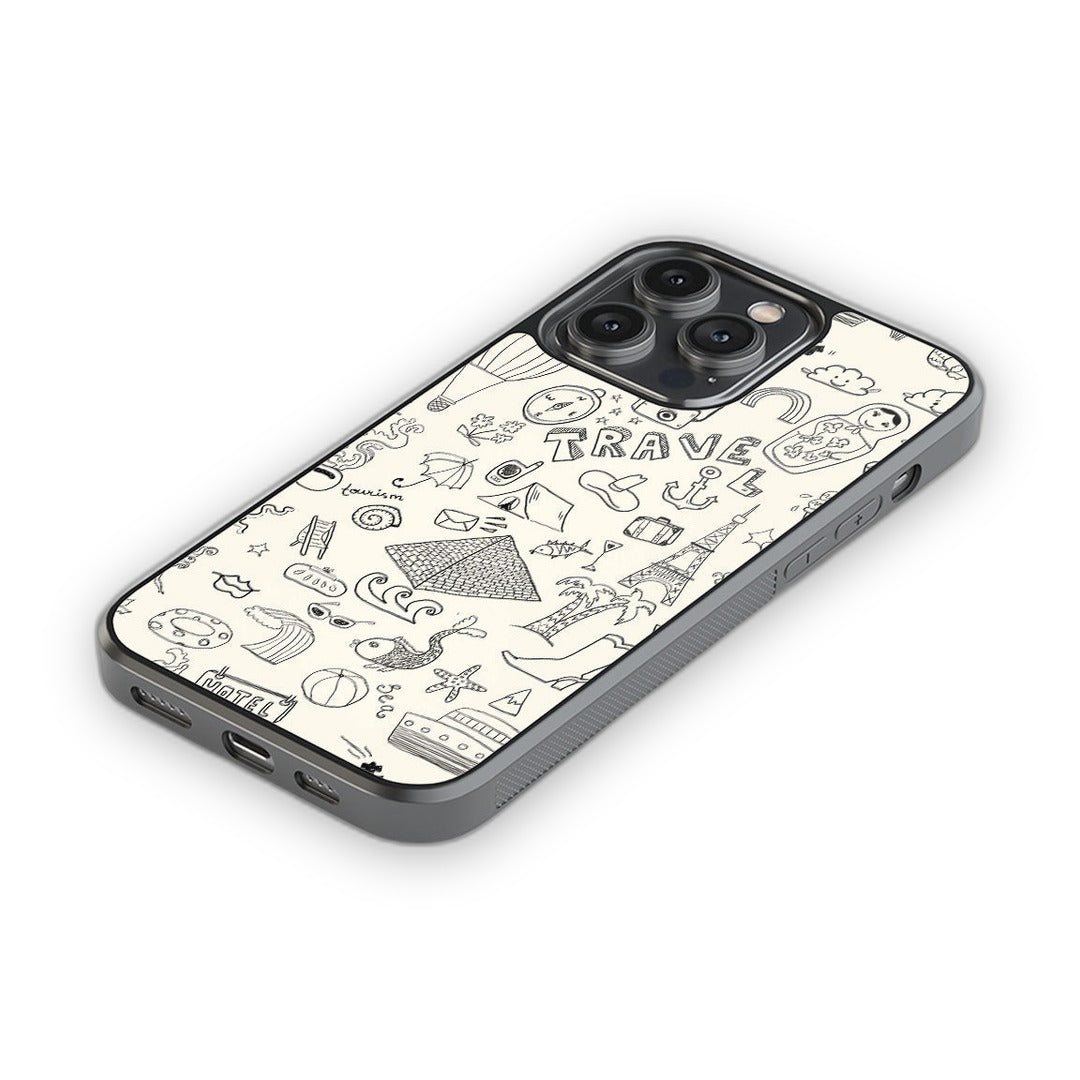 Travel Doodle White Glass iPhone Case for iPhone 14 Pro Max | Macmerise