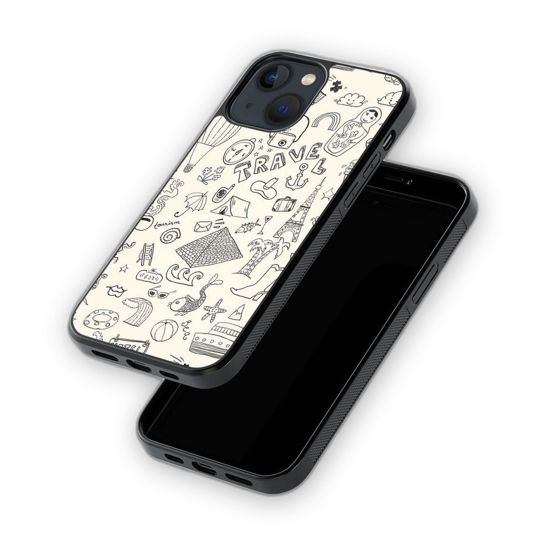 Travel Doodle White Glass iPhone Case for iPhone 13 Mini | Macmerise