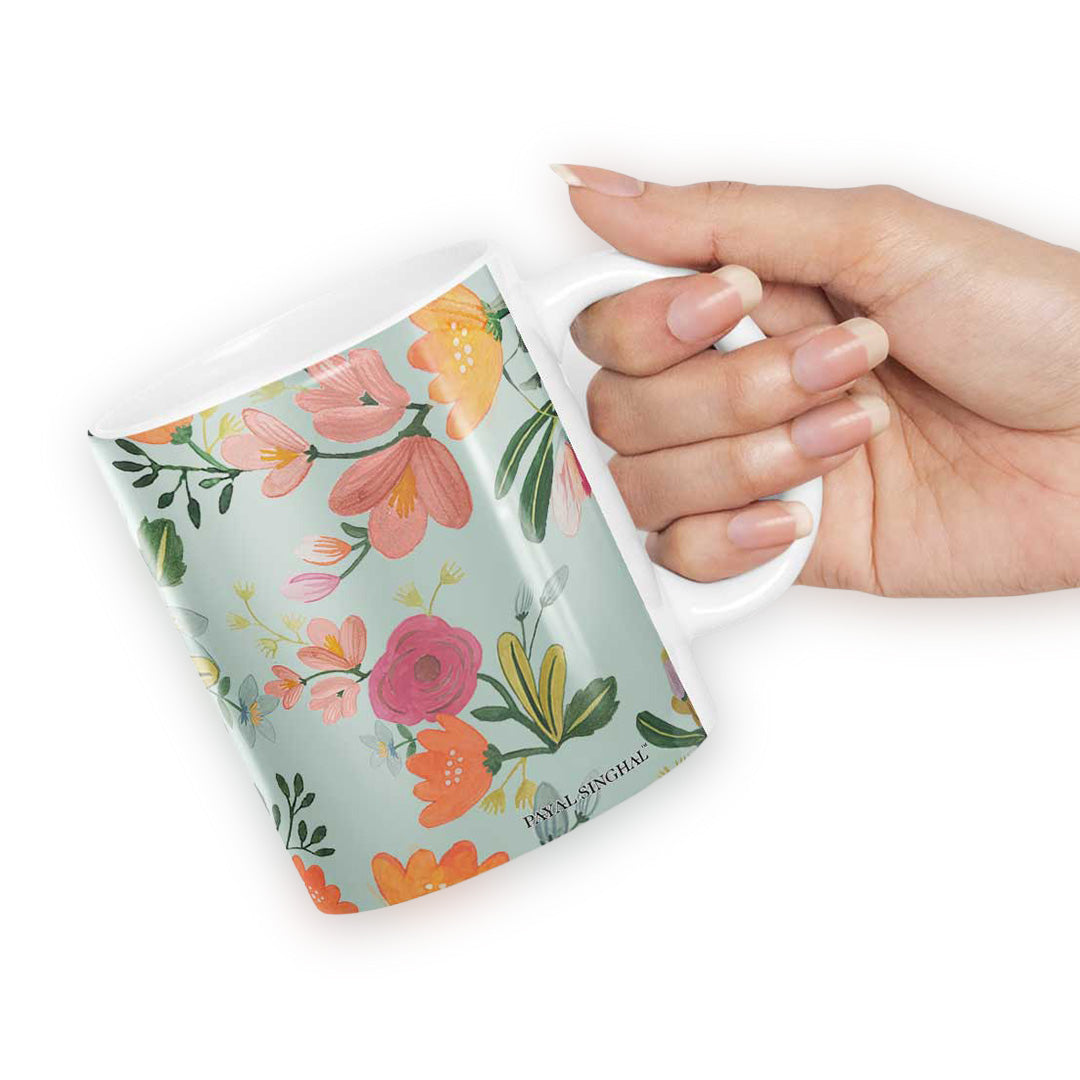 Payal Singhal Aqua Handpainted Flower Coffee Mug | Macmerise