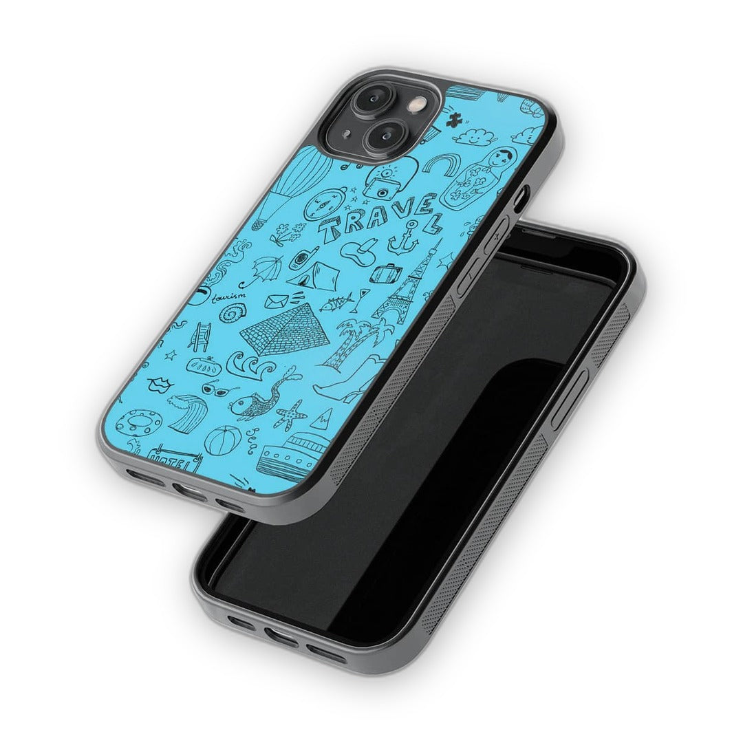 Travel Doodle Blue Glass iPhone Case for iPhone 14 | Macmerise