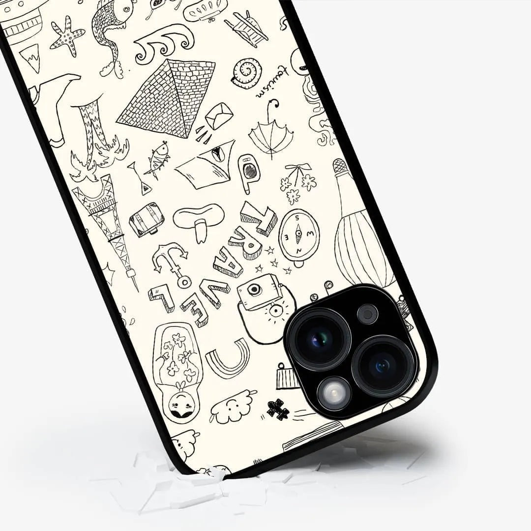 Travel Doodle White Glass iPhone Case for iPhone 14 Plus | Macmerise